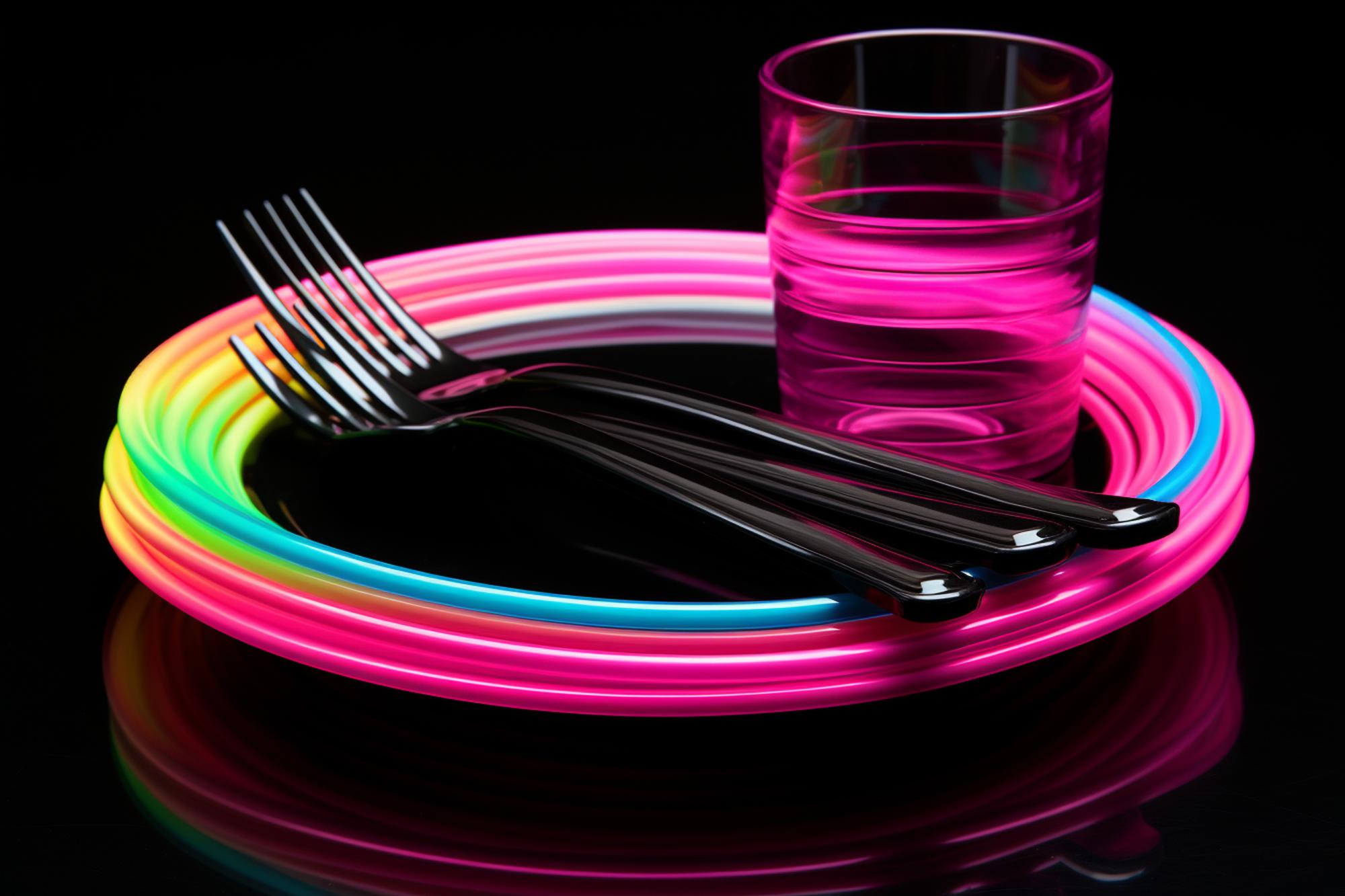 Modern test kitchen with neon lights and plated dishes